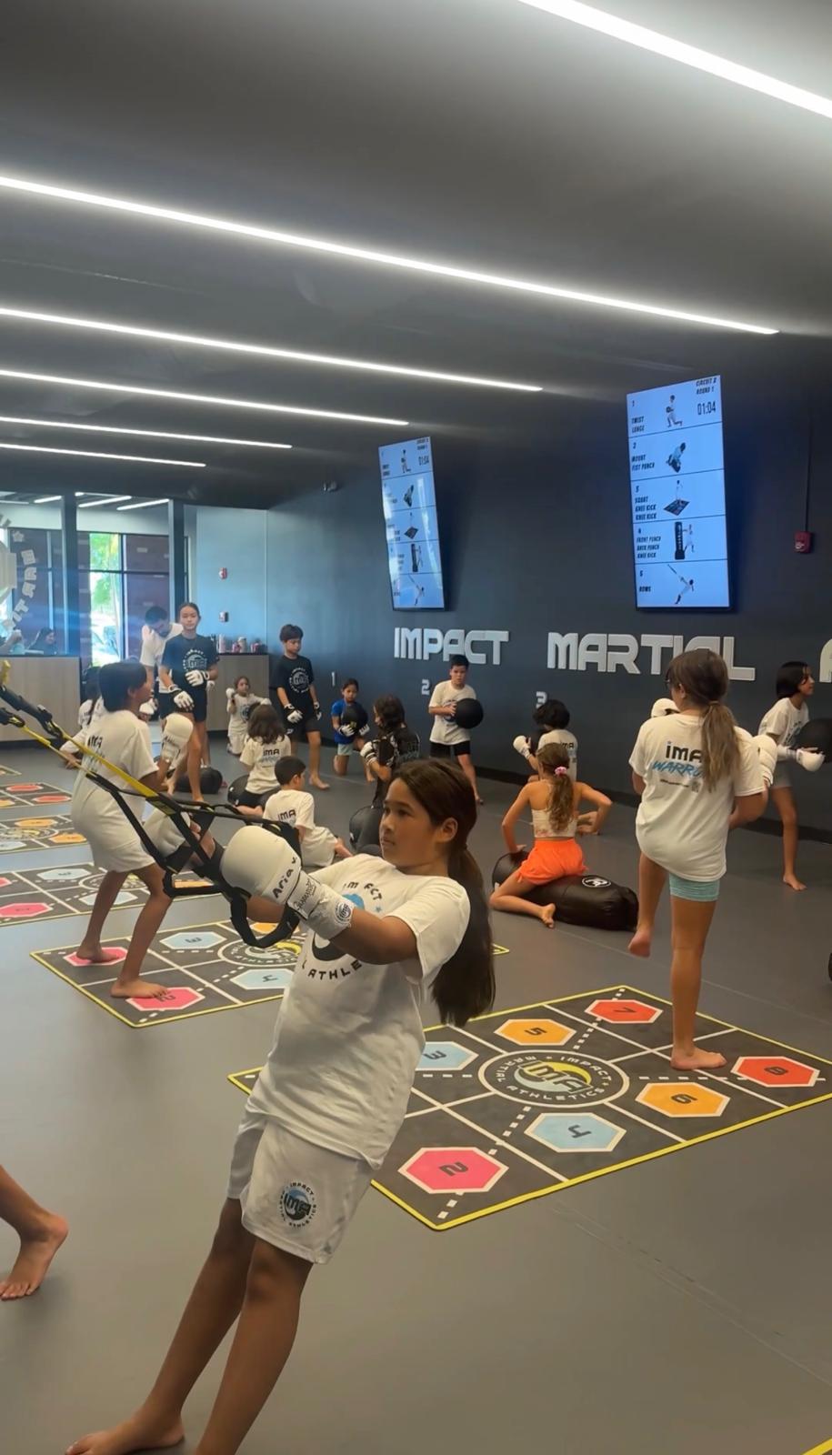 Full class of kids training martial arts at IMA Summer Camp